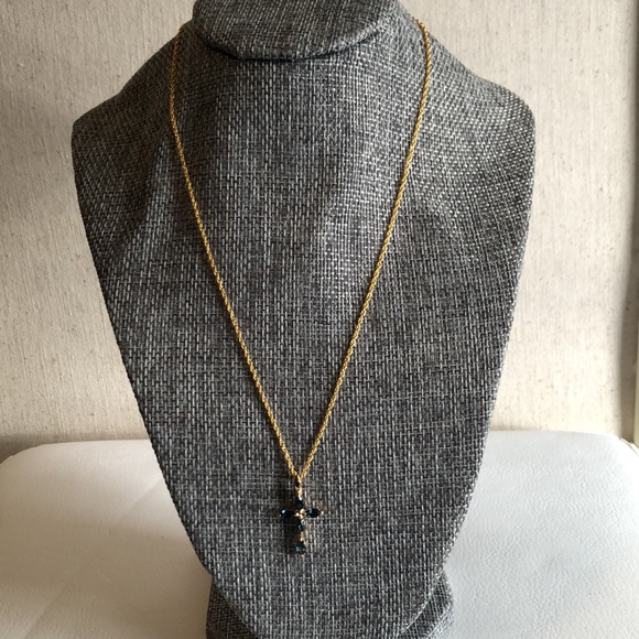 Delicate Blue glass cross on gold tone chain - Picture 2 of 6